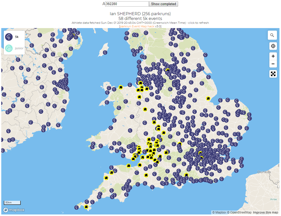 Screenshot of modified parkrun events map page